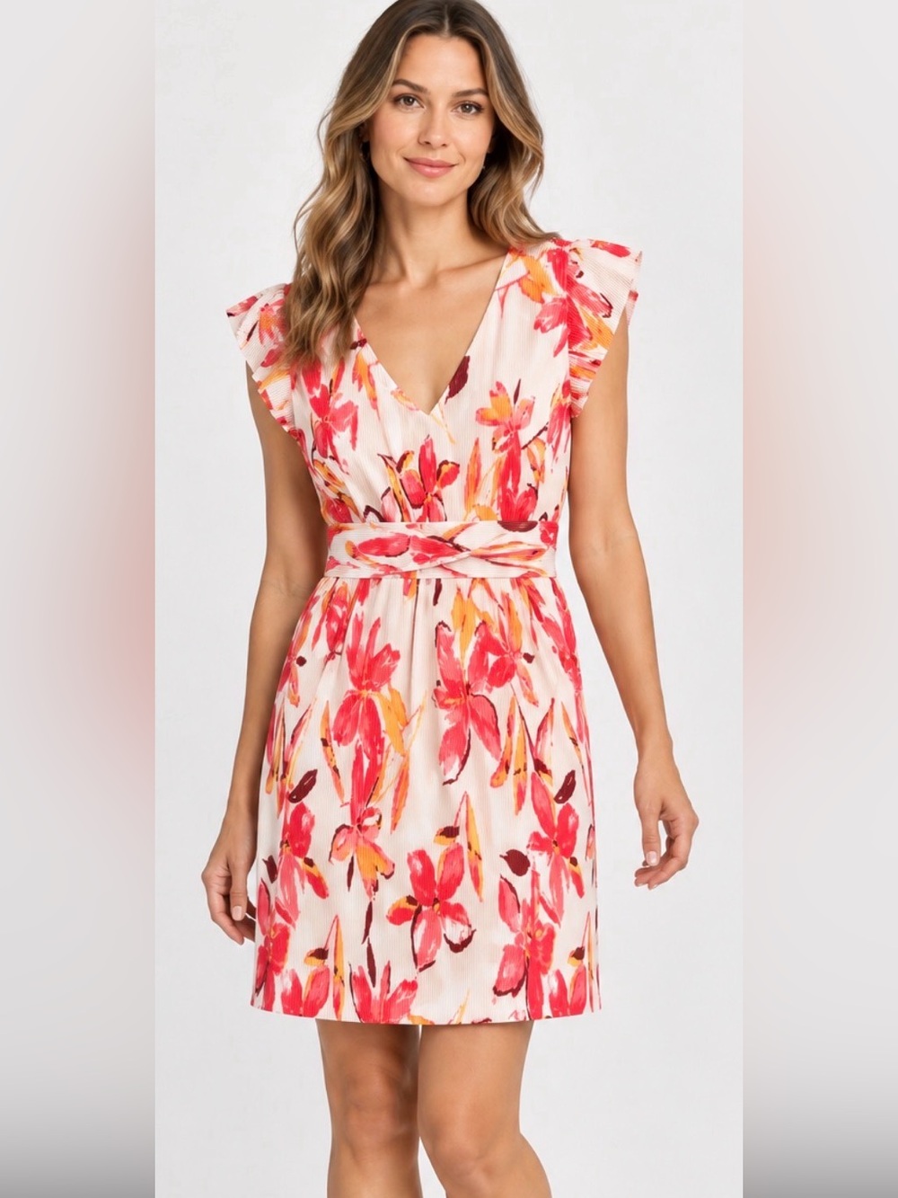 Collective Concepts Pink and Coral Floral V-Neck Belted Dress